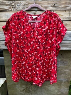 Liz Clairborne Red Floral Button-Front Women's Top Size 1x